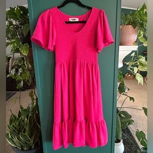 Haptics Vibrant Pink Flutter Sleeve Midi Dress